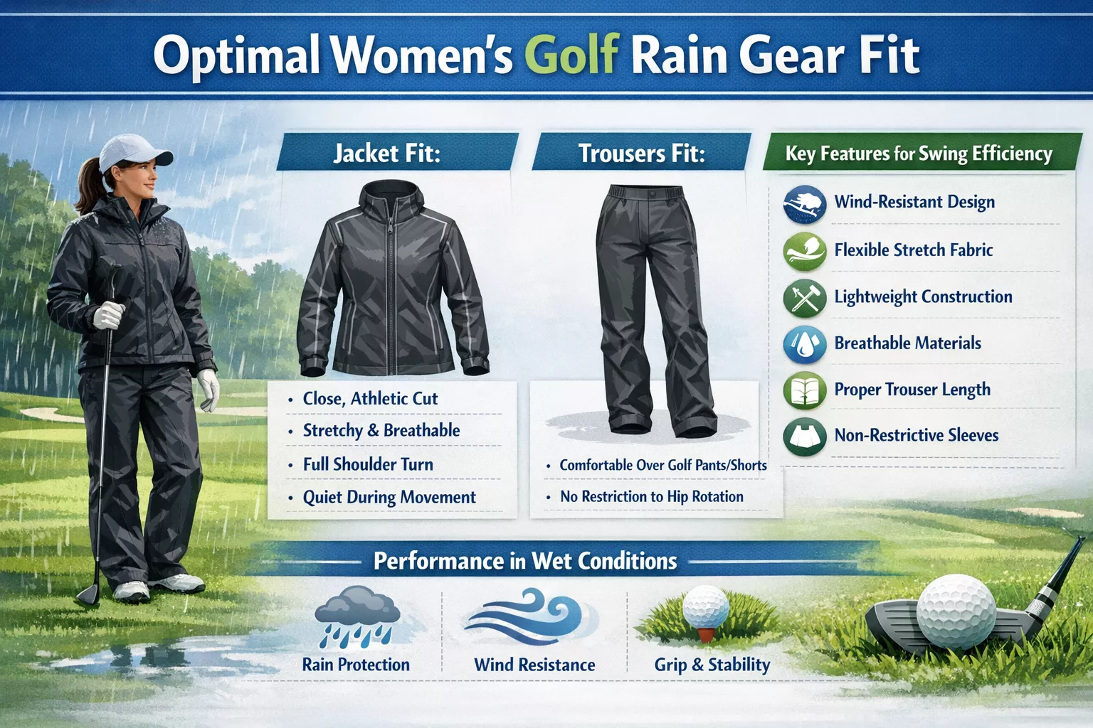How should women’s golf rain gear fit for swing efficiency